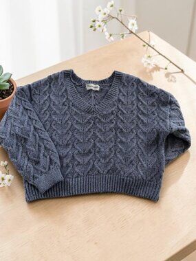 Blue Heart Knit Cable Knit‎ Cropped Slouch Sweater Pullover Womens L